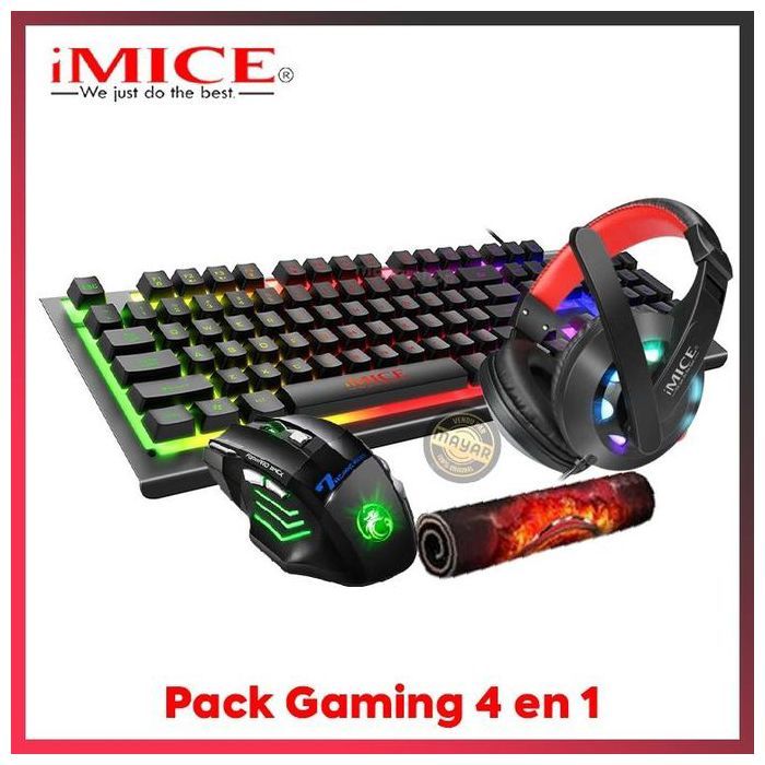 Pack gaming 4 en 1 - Imice - Clavier gamer - Souris 7 boutons - Casque rétroéclairé - Tapis de souris