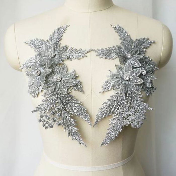 2 pièces strass paillettes brodées dentelle Applique couture fleur tissu patch pour robe de mariée