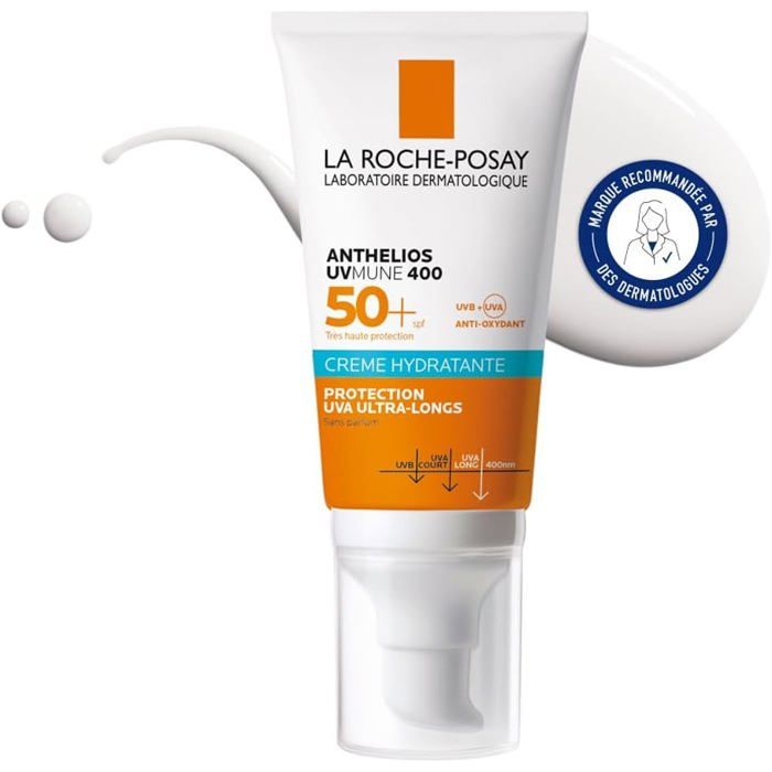 La Roche-Posay, Anthelios  Crème Solaire Hydratante, SPF50+, Convient aux Peaux Sensibles, Résiste à l'Eau, Sans Parfum, 50 ml