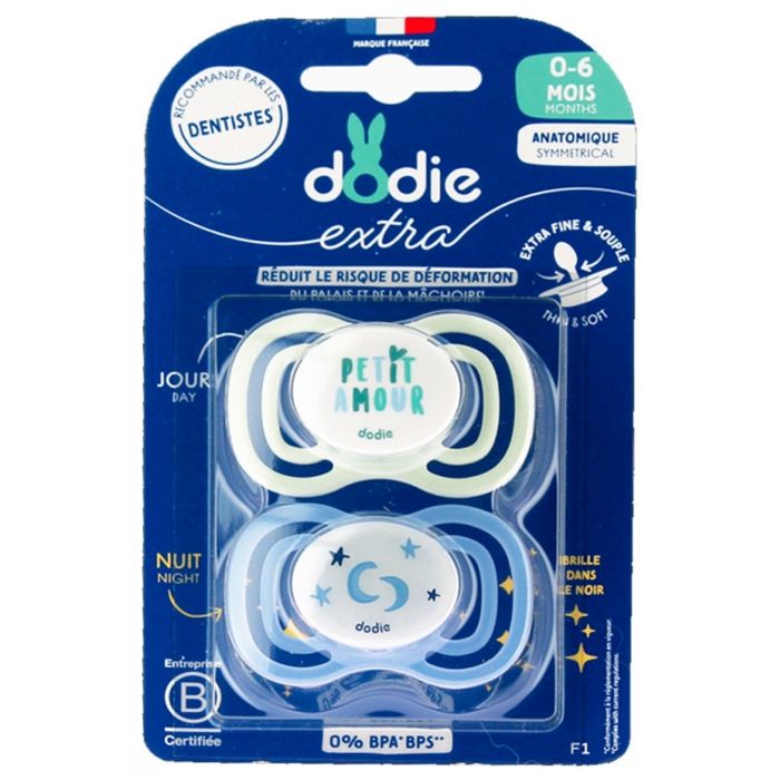 Sucettes-Dodie Extra 2 Sucettes Anatomiques Symmetrical Jour & Nuit 0-6 MOIS (Modèle : Petit Amour Vert/Étoiles & Lune Bleues)