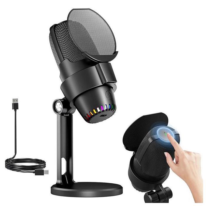 Microphone USB Gaming pour PC – Condensateur avec Réduction de Bruit, Éclairage RGB et Fonction Mute