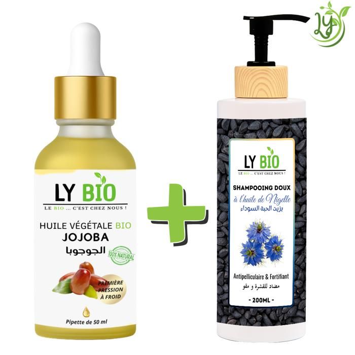 LYBIO PACK HUILE JOJOBA 50ML - PIPETTE + SHAMPOOING A L'HUILE DE NIGELLE 200ML - ANTIPELLICULAIRE & FORTIFIANT