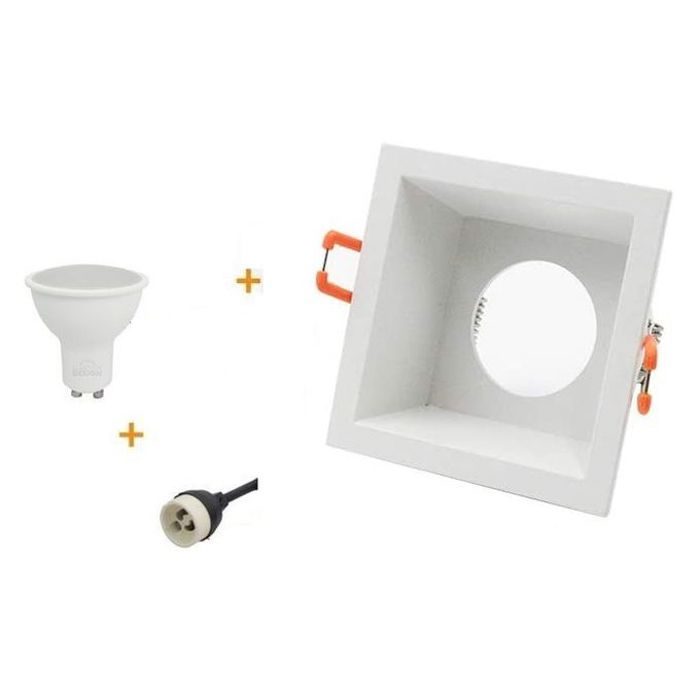 PACK SPOT  Cadre Carré Blanc + Lampe Led Gu10 7w Lumière Blanche + Douille
