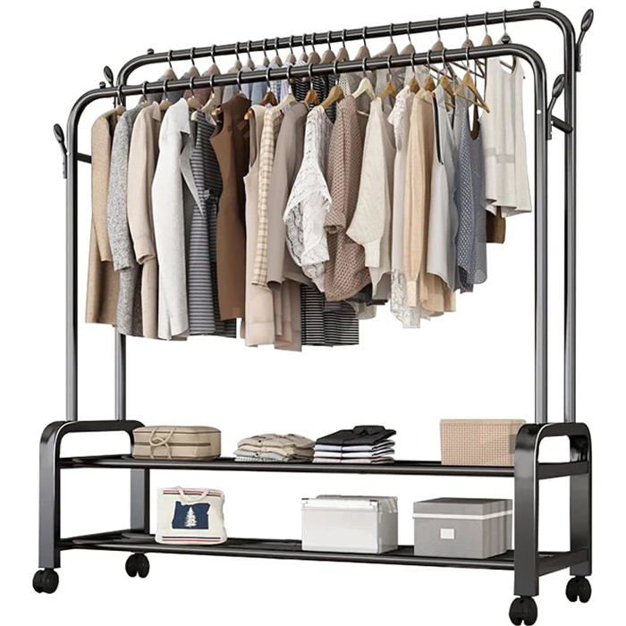 Portant vêtements double support avec branche et roulettes 109,5 x 55,5 x 160 cm