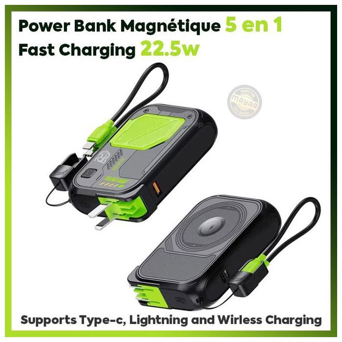 Power Bank Magnétique Sans 10000mAh 22.5W avec Charge Sans Fil Magnétique et Câble Intégré USB-C & Lightning