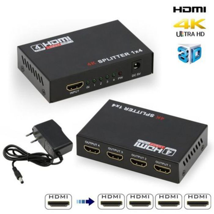 General HDMI Splitter 1x4  1 Entrée 4 Sorties , Numérique HDMI Splitter Distributeur avec Full HD 1080P 4K*2K, 3D etc - Noir