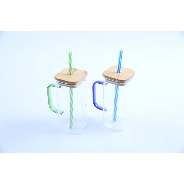 2 mugs carrés en verre avec couvercle et paille 350 ml HB3521