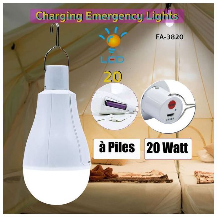 Lampe Ampoule USB + Emplacement 2 Piles / Rechargeable avec Etanche d'Urgence