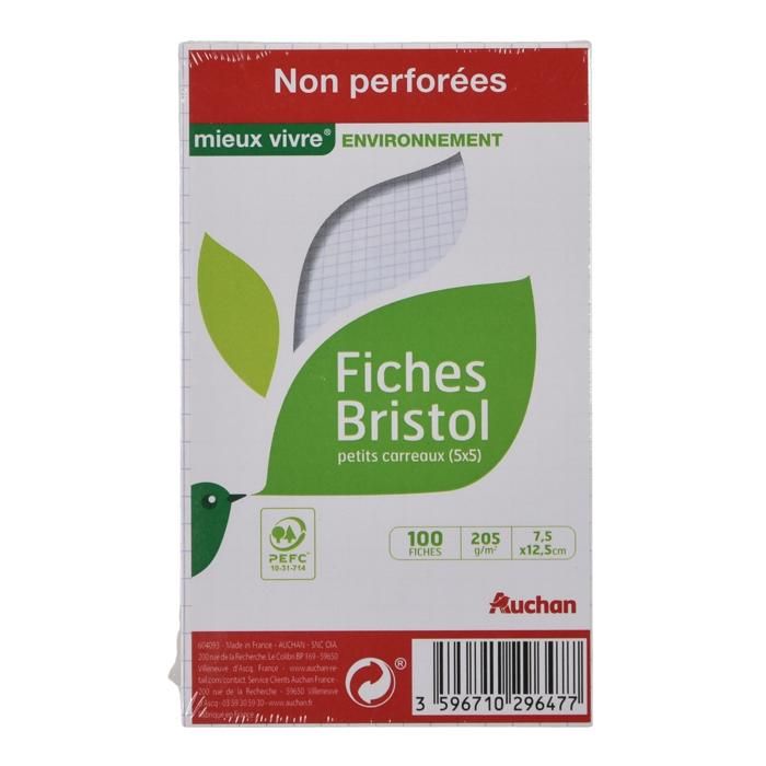 LOT DE 100 FICHES BRISTOL PETIT CARREAUX (5*5) BLANC 75X125