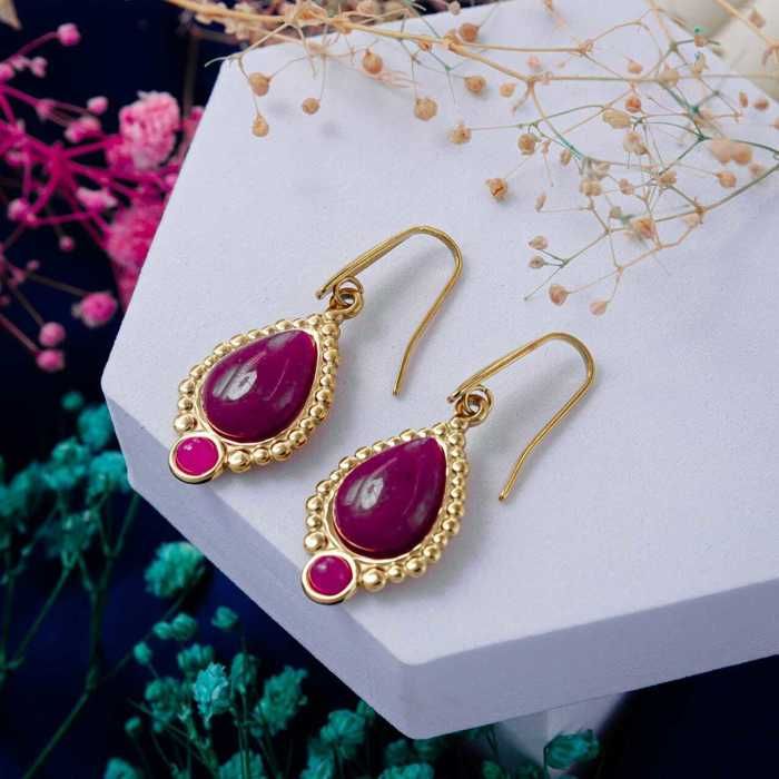 Boucles d'oreilles - Acier - Doré et Rouge - Pendant - Femme - Adulte
