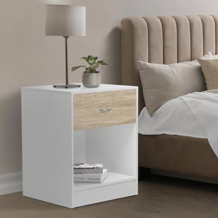 Lot de 2 Tables de Chevet, 1 tiroir , Bois MDF Blanc et façon hêtre