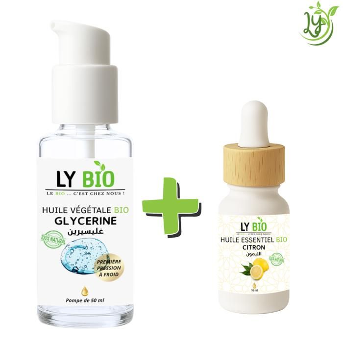 Pack de soins - LYBIO - HUILE GLYCERINE 50ml - POMPE - HUILE ESSENTIEL CITRON 10ml - Hydratant
