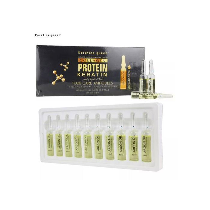 10 Ampoules pour soin des cheveux keratine Queen Vitamine B3, B5, B6 Oil d'Argan
