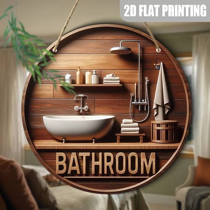2D Plat 2D Plat Une Décoration Murale de Salle de Bain en Bois Vintage - Panneau Décoratif Rond avec Texte "SALLE DE BAIN" et Design