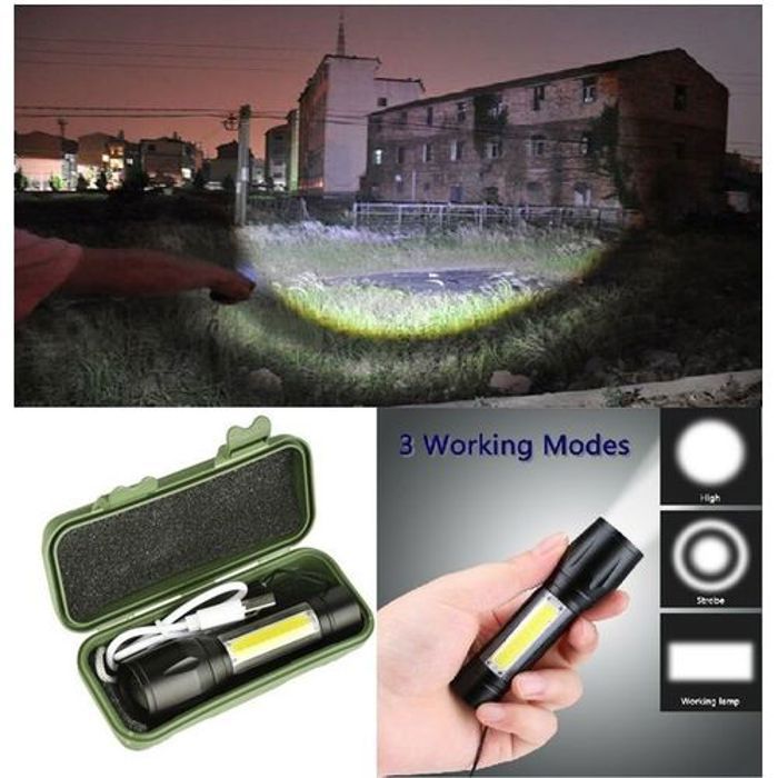Lampe de poche - Haute-Puissance - Rechargeable - Résistant à l'eau - Zoom réglable - 3 modes LED