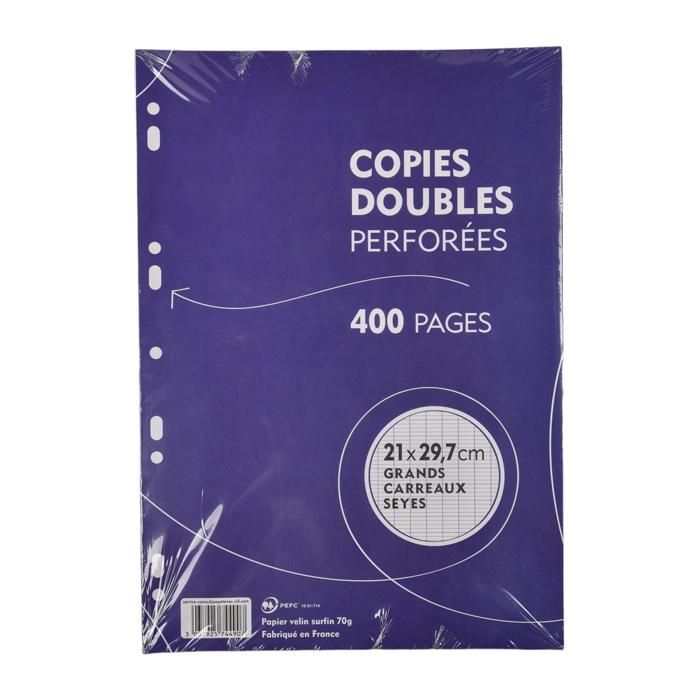 COPIES DOUBLES BLANCHES PERFORÉES 21X29.7 CM 400 PAGES GRANDS CARRERAUX