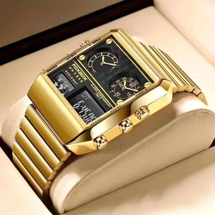 montre-bracelet carrée de luxe pour hommes, en acier inoxydable (doré)