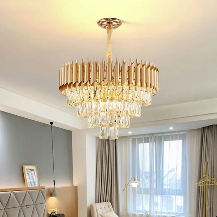 Lustre Suspension cristal moderne Gold Diamètre 30cm + 4 Lampes LED FLAMME E14 OFFERTE