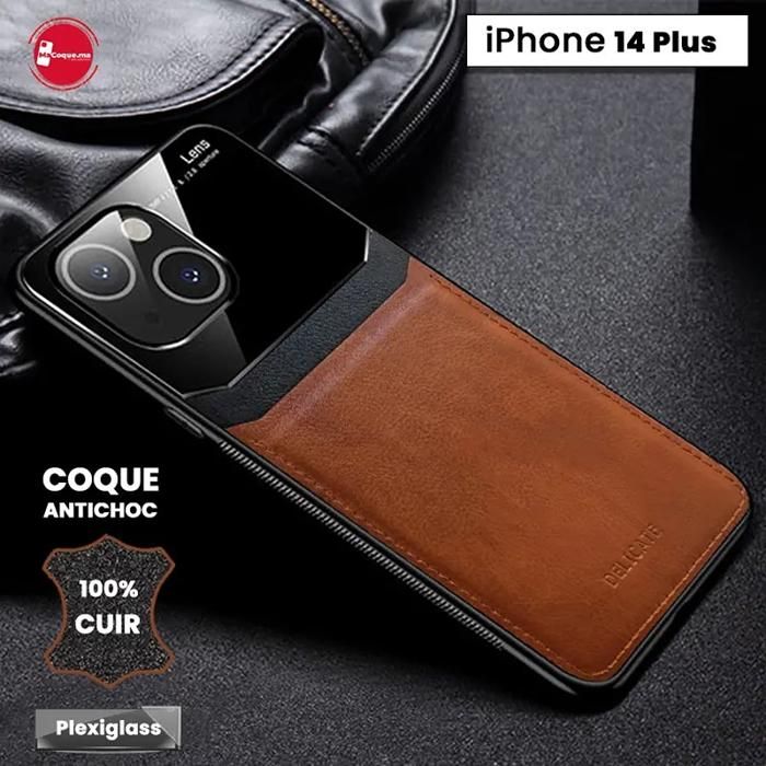 Coque iPhone 14 Plus en Cuir Marron &amp; Plexiglass Pochette Antichoc