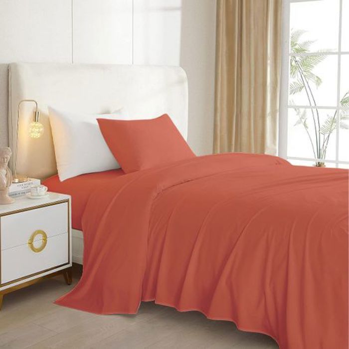 Pack Draps Orange Brique 1 Taies d’oreiller + Drap housse+ Drap plat (1 Place)