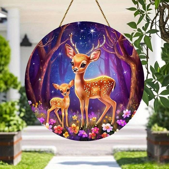 Art Mural de Cerf en Forêt Enchantée 2D Plat - Panneau Rond en Acrylique de 20.32cm x 20.32cm avec Ciel Étoilé Lumineux, Décoration