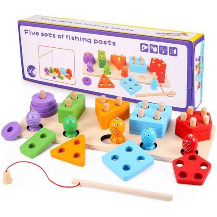 Jeu d'assemblage - Pêche en bois - 5 ensembles - 5 couleurs - À monter soi-même - Mixte