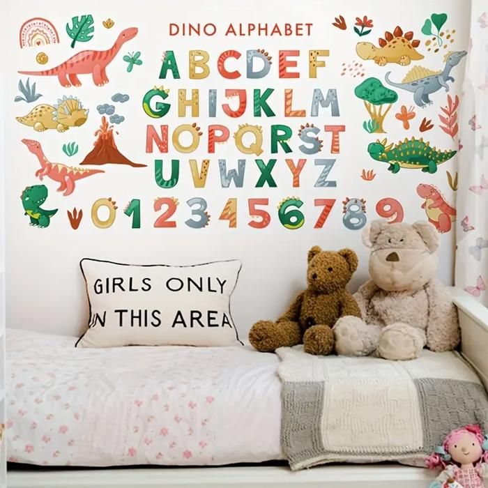 Autocollant Mural - Décoration Murale - Alphabet Dinosaures - Vinyle - Multicolore - Enfant