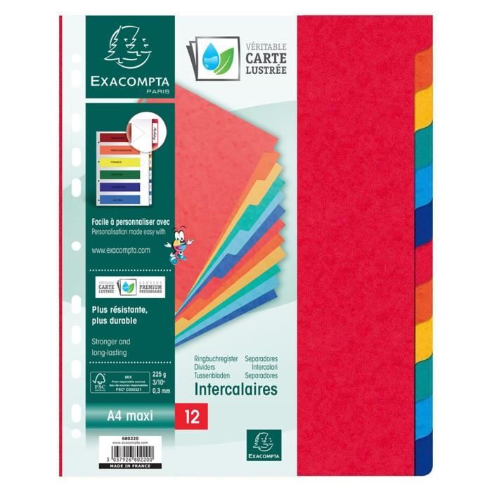 EXACOMPTA - Intercalaires 12 positions - Extra larges - 23 x 29,7 - 18 trous - Carte lustrée F.S.C 3/10ème - Couleurs vives