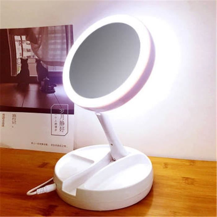 Miroir Maquillage Double Face Grossissant 10X LED Lumineux Miroir de Table Rotation 360° Portable Pliable Hauteur Réglable USB C