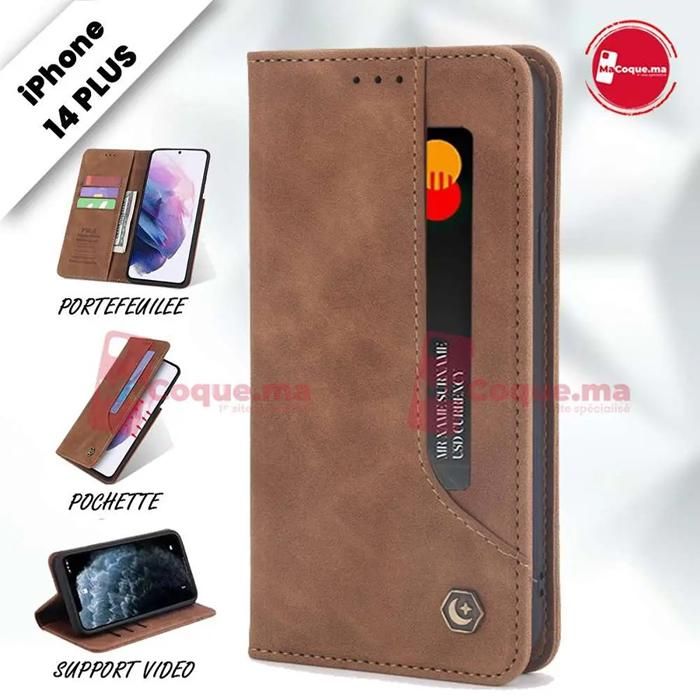 Pochette iPhone 14 Plus Etui Portefeuille en Cuir Marron Coque Antichoc