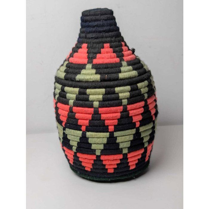 Boîte berbère - Artisanale - Noir, corail, vert olive - Motif pyramidal - Fait main - Ethnique