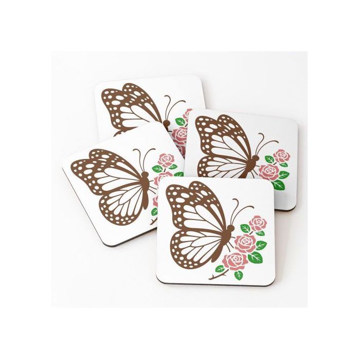 Dessous de Verre - Art Floral - Papillon et Rose - Multicolore - Boîte de 4 - Décoration Marocaine