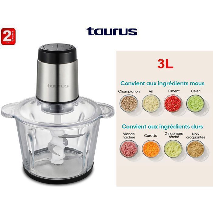 Hachoir Électrique FAST 3 avec Bol en verre 3L, Lames Doubles Tranchantes, Idéal pour Viande et Légumes-2ans de garanties