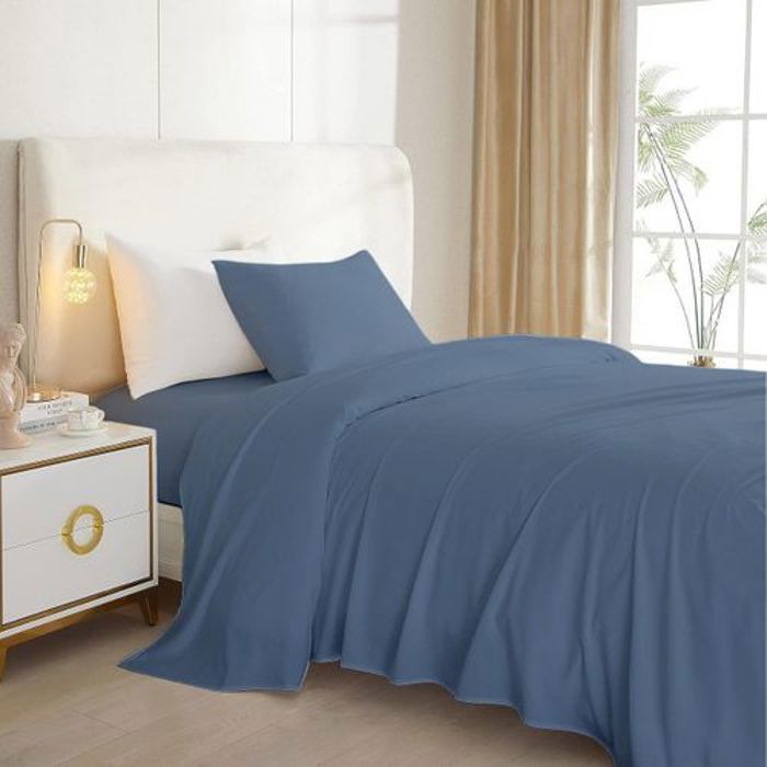 Pack Draps Bleu Jean 1Place (120x190 cm) - Taie d’oreiller + Drap housse + Drap plat // -Doux & Antiallergique -