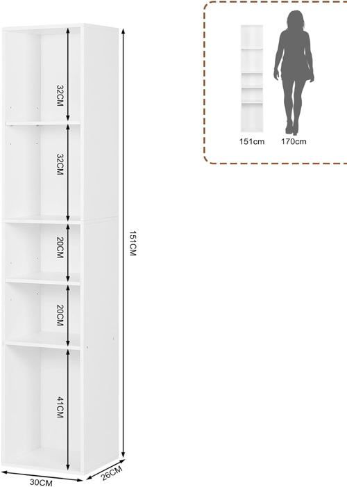 Bibliothèque Étagère à Livres, Bibliothèque à 5 Niveaux, Colonne Semi-Ouvert avec 5 Casiers Ouverts, Meuble de Rangement Multifoncti
