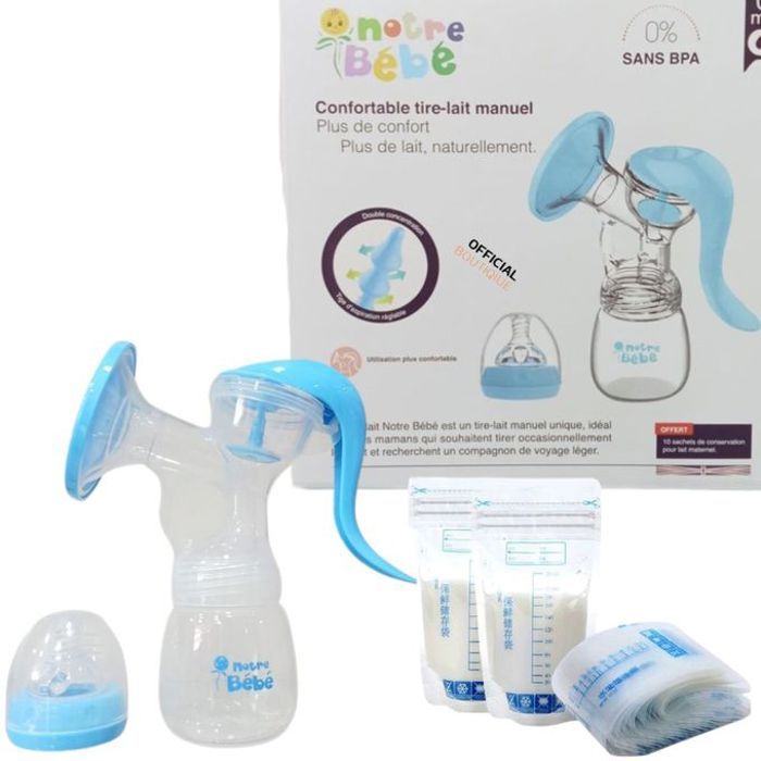 Notre bébé Tire-lait confortable Manuel+ Biberon+10 sachets de conservation lait maternel -BLEU