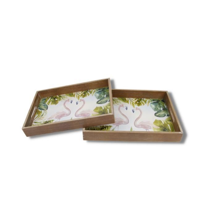 Plateaux en bois - Flamant Rose - Set de 2 - Design tropical - Dimensions variées - Durable