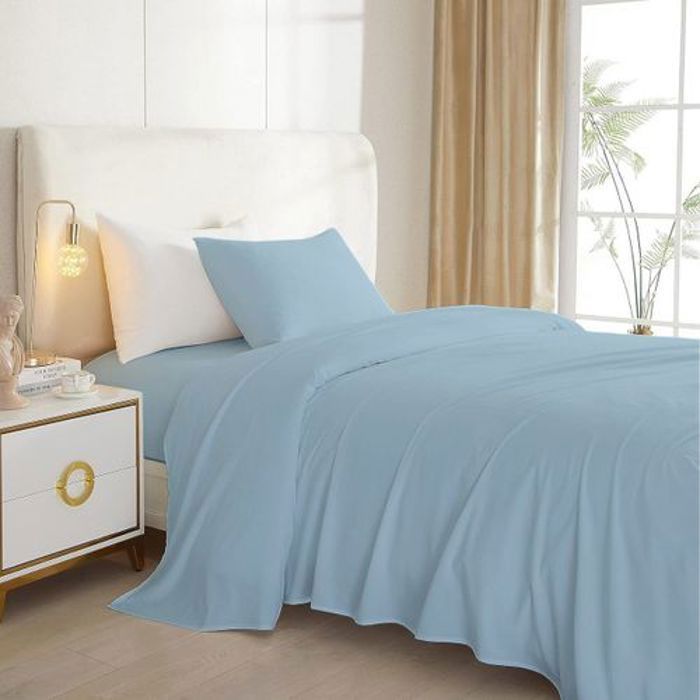 Pack Draps Bleu Glacier 1 Place (90x190cm) Taie d’oreiller + Drap housse+ Drap plat // Doux & Antiallergique