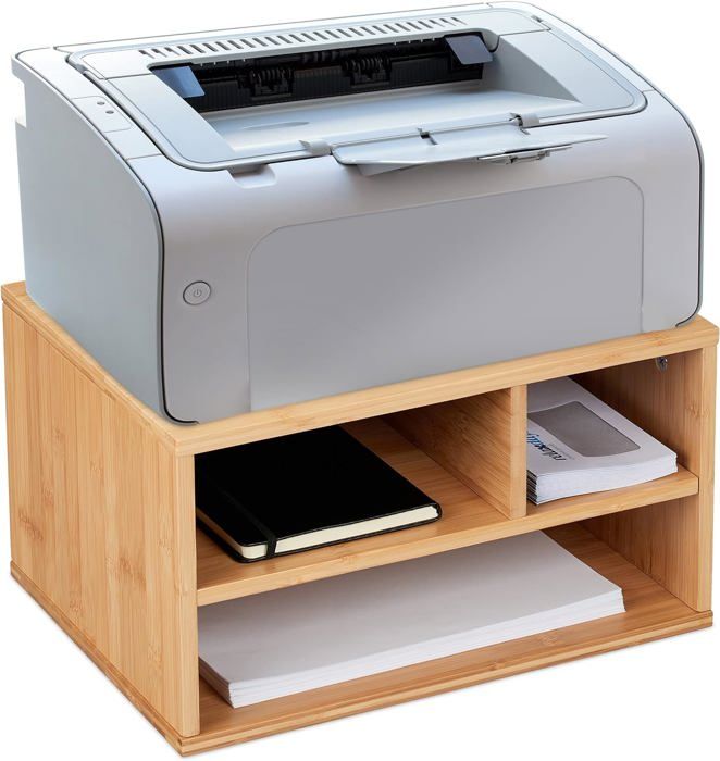 Support pour imprimante - MDF - 3 Compartiments - Espace de rangement - Base en bambou - Gain de place