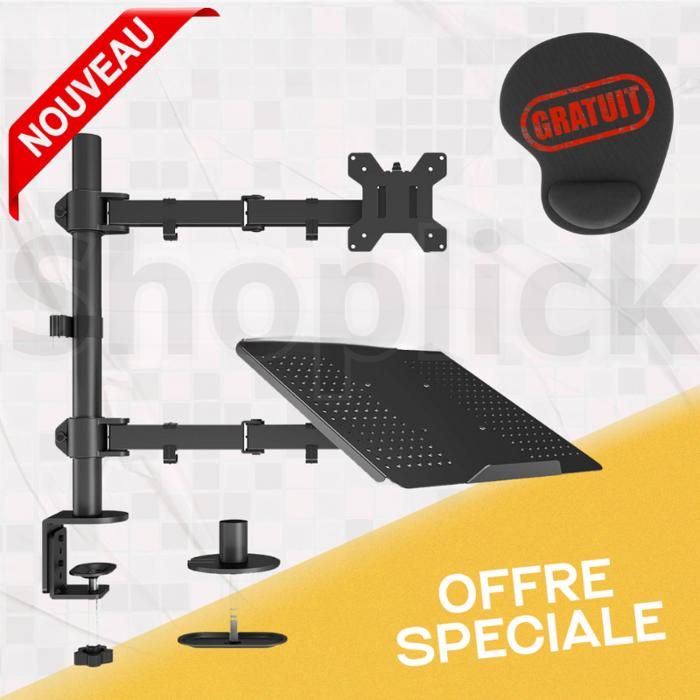 Support Moniteur Bras réglable double 2IN1 à Bras Pour Ordinateur Portable Et Moniteur De 13 a 32 Pouces + Mini Tapis
