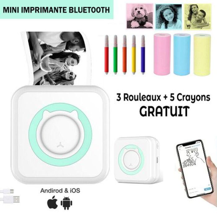 Mini Imprimante Bluetooth + 5 Rouleaux d'Impression sans Encre pour Étiquettes, Photos, Notes ...