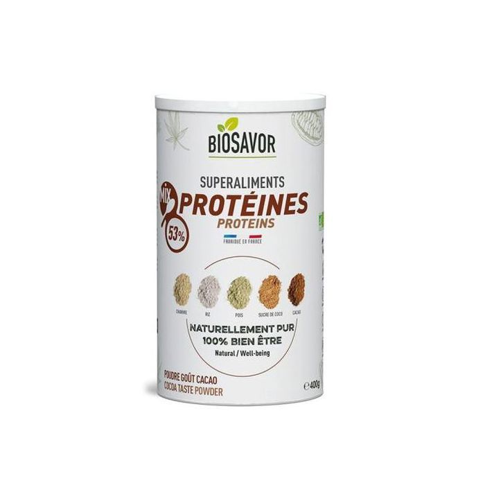 Biosavor Protéines Mix Chanvre, Riz Pois, Cacao en poudre 400g