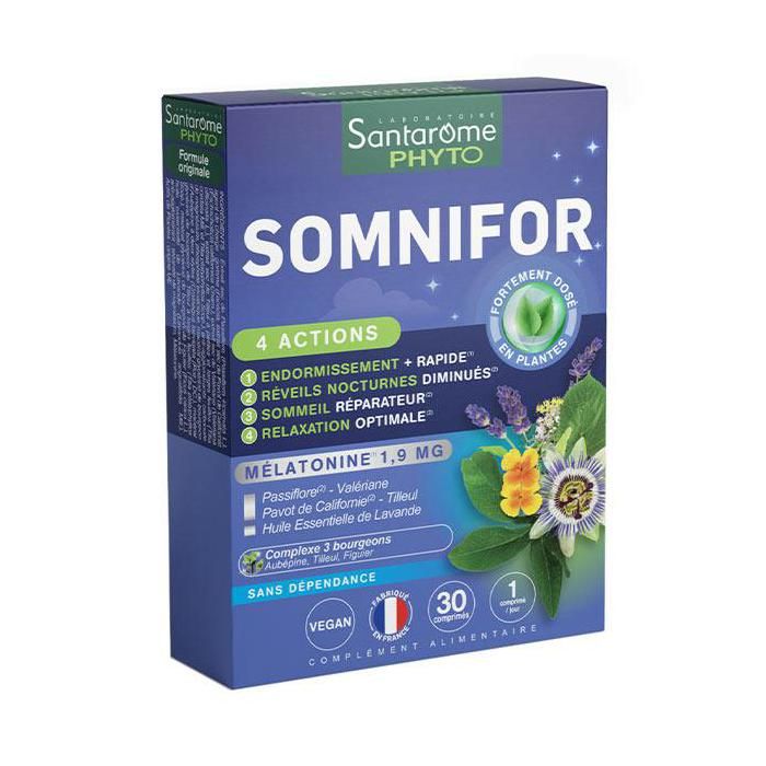 Santarome Phyto - Somnifor 4 Actions - Mélatonine 1,9mg + Plantes - 30 comprimés