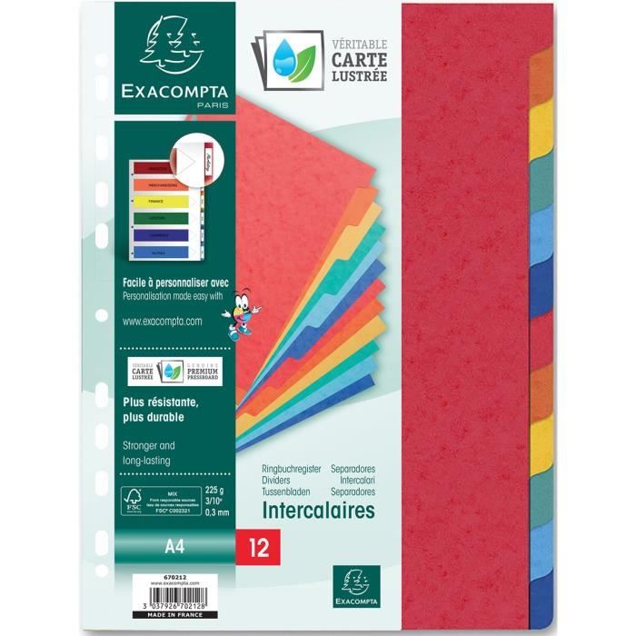 EXACOMPTA - Intercalaires 12 positions - 21 x 29,7 - 18 trous - Carte lustrée F.S.C 3/10eme - Couleurs vives - Sous film