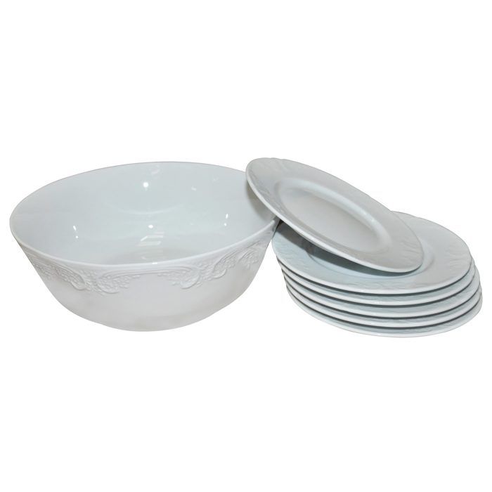BATLHA SALADIER 22 CM+6 ASSIETTES 16CM  PORCELAINE BLANCHE