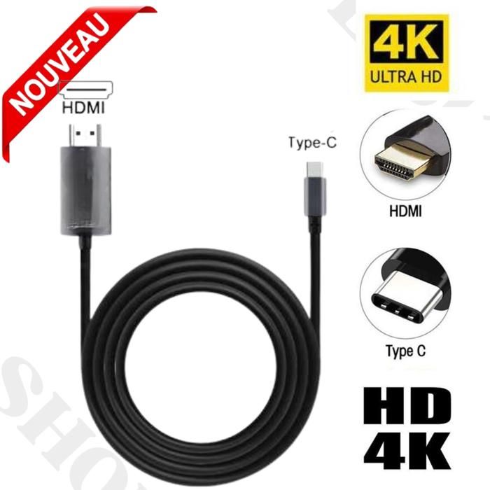 Adaptateur USB C vers HDMI  pour MacBook, iMac, Samsung,  HDTV 4K  2 Metre 30 Hz