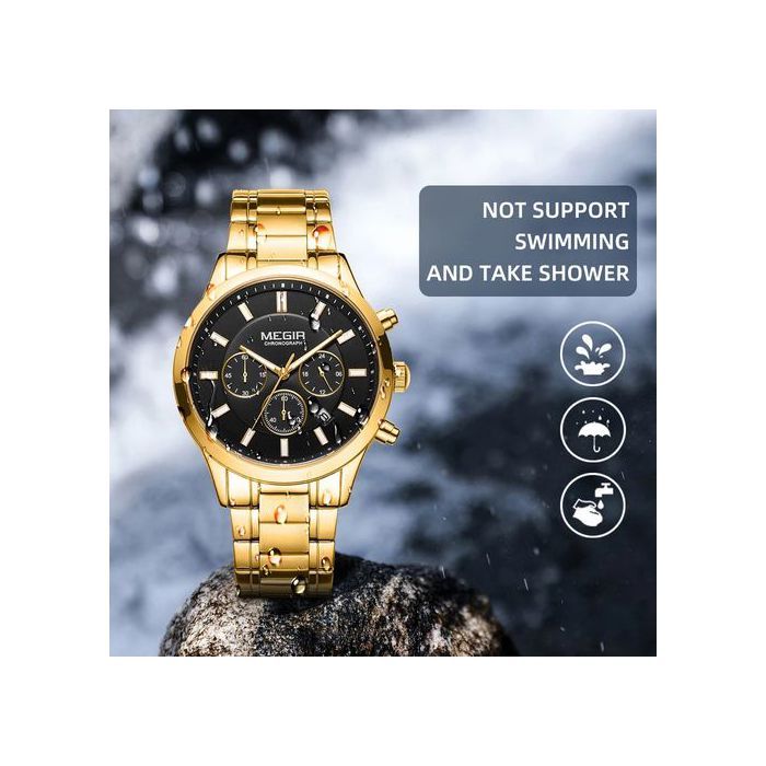 Montre - MEGIR - Chronographe - Acier inoxydable - Doré - Résistante à l'eau