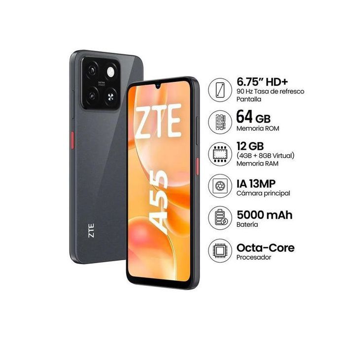 ZTE Smartphone gsm 4G Blade A55 64GB -RAM 12GB (4+8) - 6.75" 13MP-Fingerprint-5000mAh-Starry black