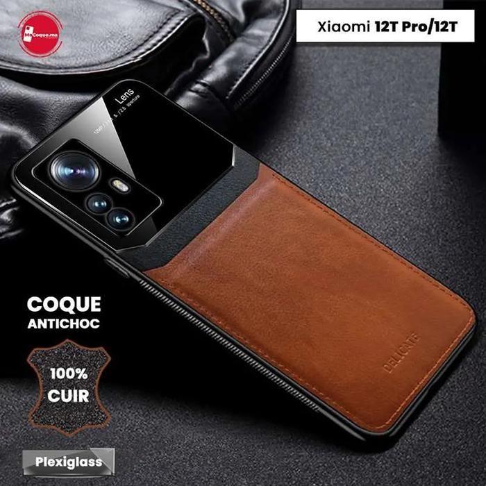 Coque Xiaomi 12T Pro / 12T Etui Cuir Marron &amp; Plexiglass Coque Antichoc