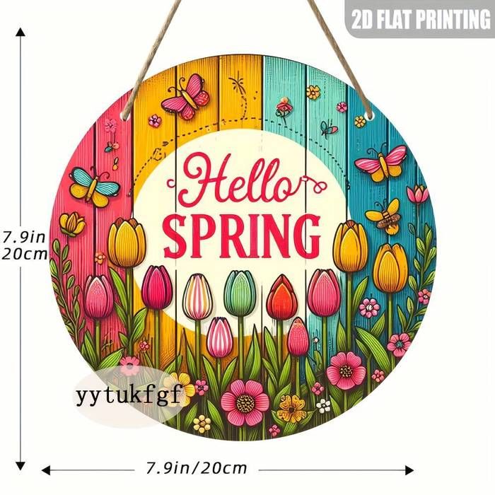 Panneau de Bienvenue en Forme de Tulipe Printanière Charmante et Plate 2D - Décoration Murale Ronde en Bois de 20.32x20.32cm avec de